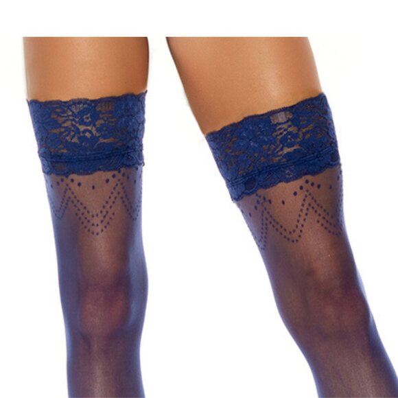 Midnight Blue Lace Top Sheer Thigh High Stockings - Picture 6 of 6